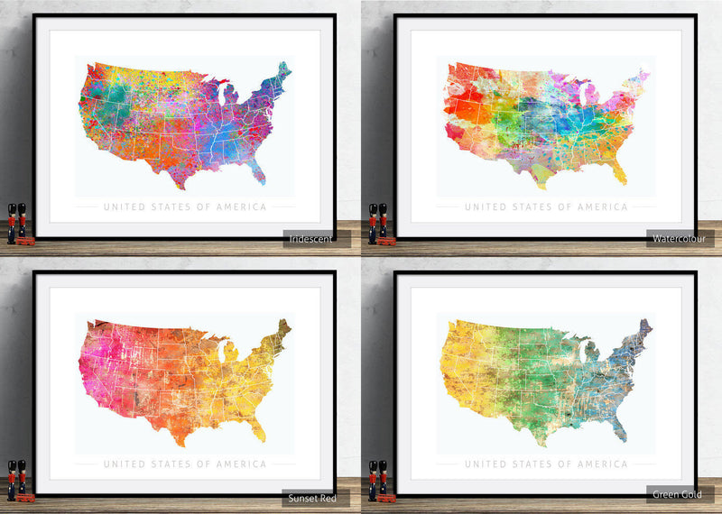 USA Map: Country Map of United States of America - Sunset Series Art Print