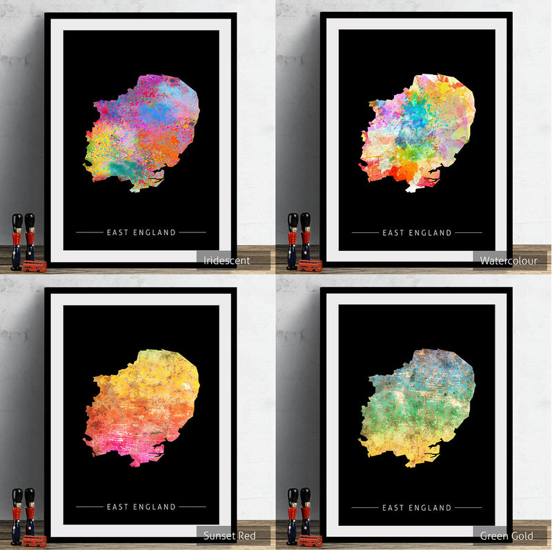 East England Map: County Map of East England - Sunset Series Art Print