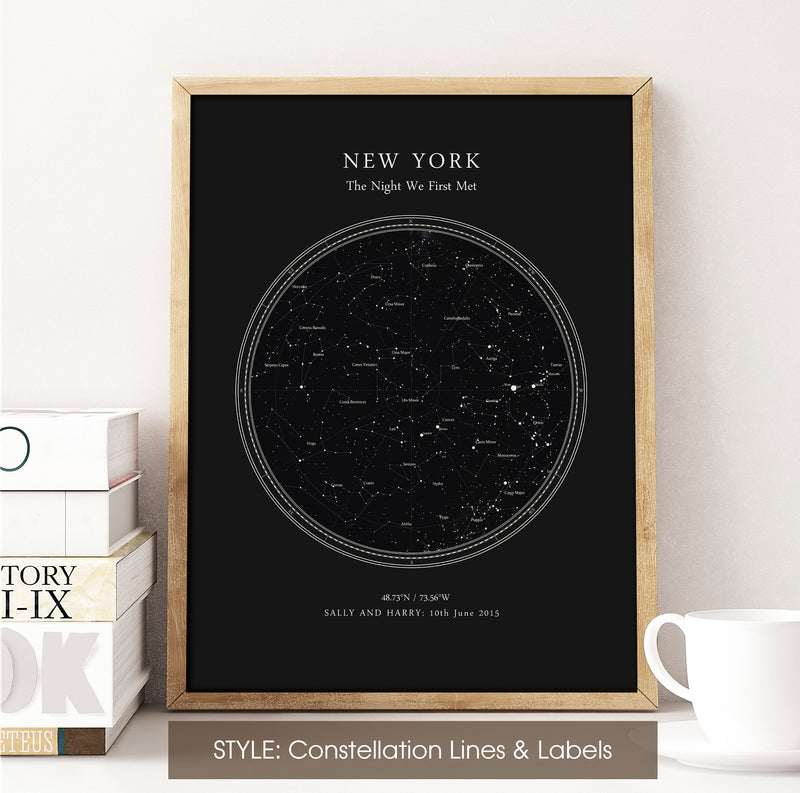 Personalised Star Map Print, Night Sky Print, Star Chart Poster or Canvas - Anniversary Gift - DEEP BLACK CIRCULAR