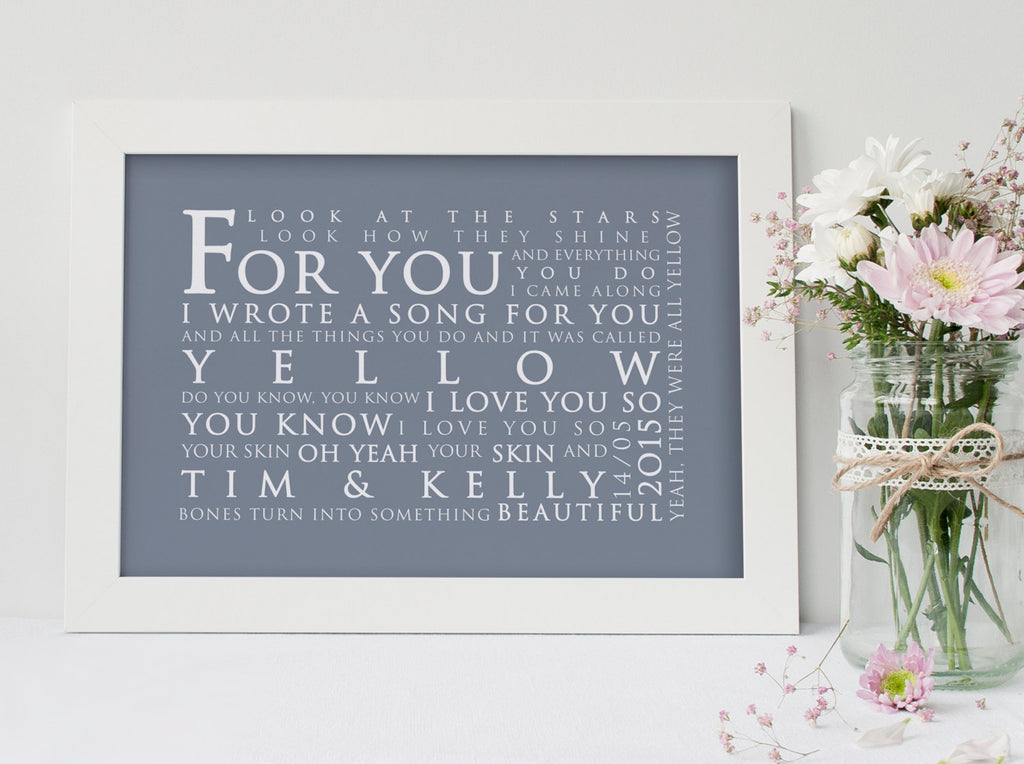 Coldplay Yellow Inspired Lyric Art: Personalised Typography Print