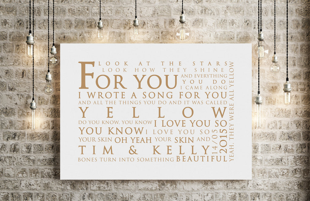 Coldplay Yellow Inspired Lyric Art: Personalised Typography Print