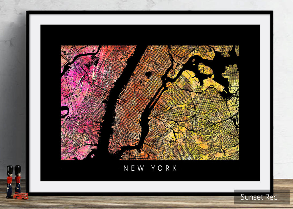 New York - City Street Map of New York - Sunset Series Art Print in BLACK