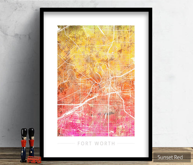 Fort Worth Texas Map: City Street Map of Fort Worth USA - Sunset Series Art Print
