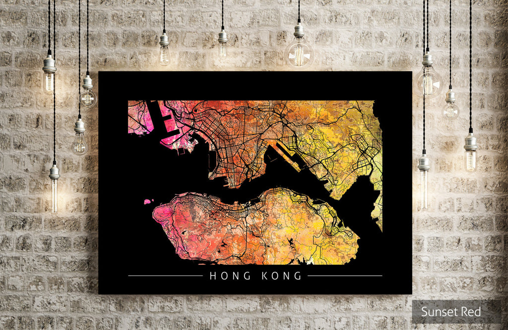 Hong Kong Map: City Street Map of Hong Kong - Sunset Series Art Print