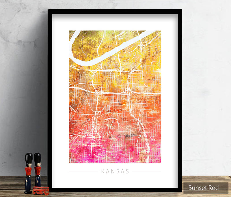 Kansas Map: City Street Map of Kansas, Missouri - Sunset Series Art Print
