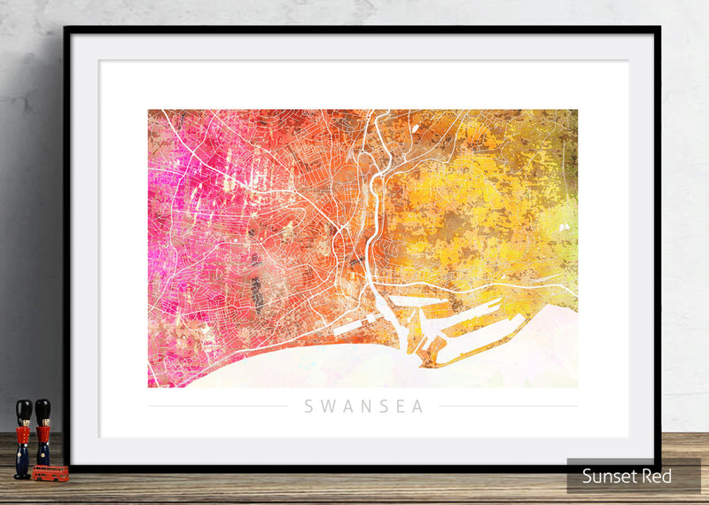 Swansea Map: City Street Map of Swansea, England - Sunset Series Art Print