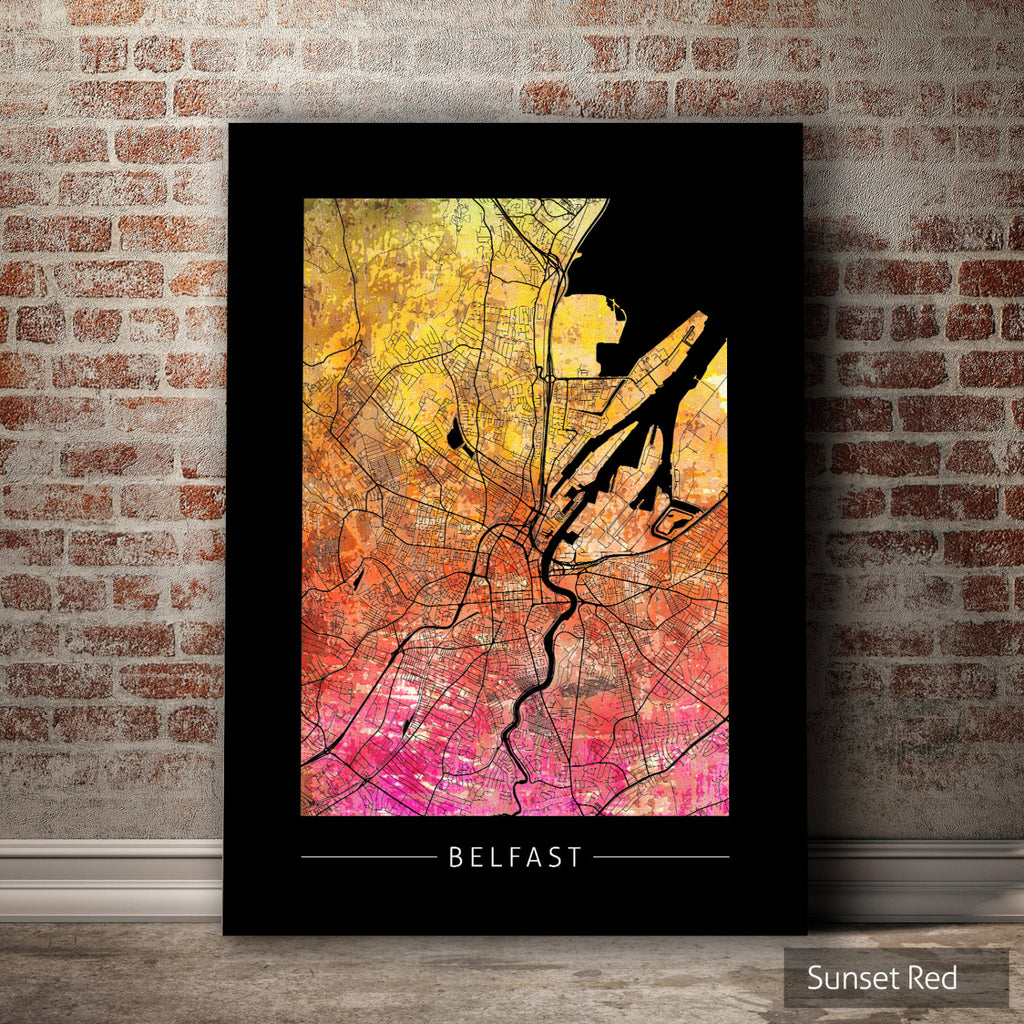 Belfast Map: City Street Map of Belfast, Ireland - Sunset Series Art Print