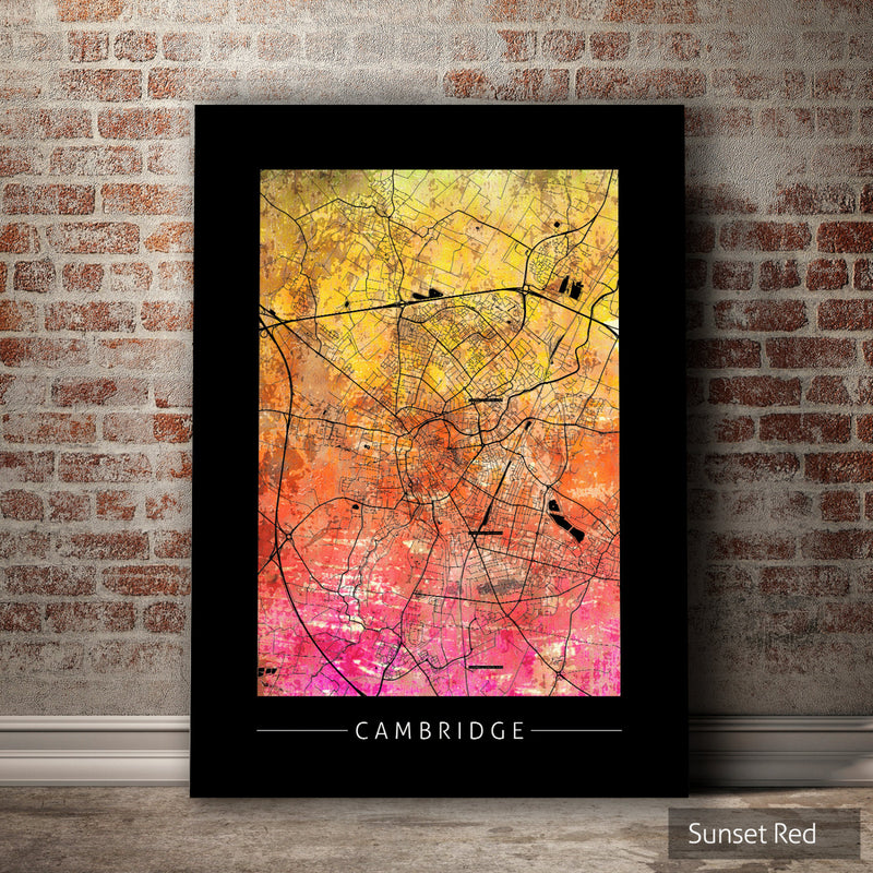 Cambridge Map: City Street Map of Cambridge, England - Sunset Series Art Print