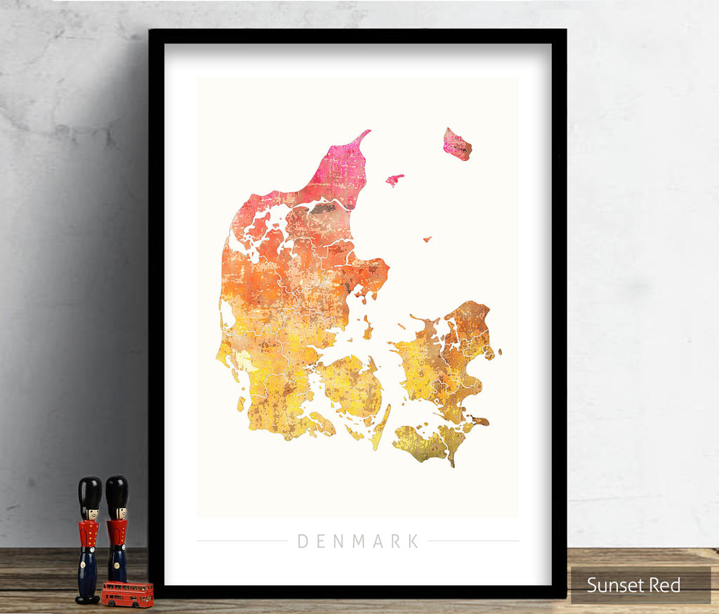 Denmark Map: Country Map of Denmark - Sunset Series Art Print