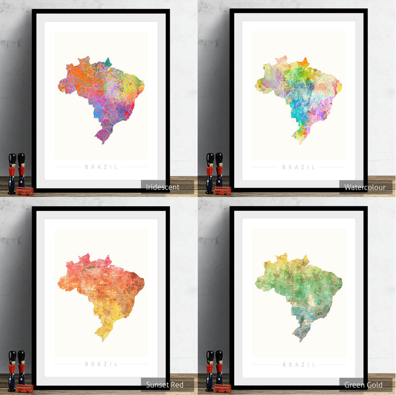 Brazil Map: Country Map of Brazil - Sunset Series Art Print