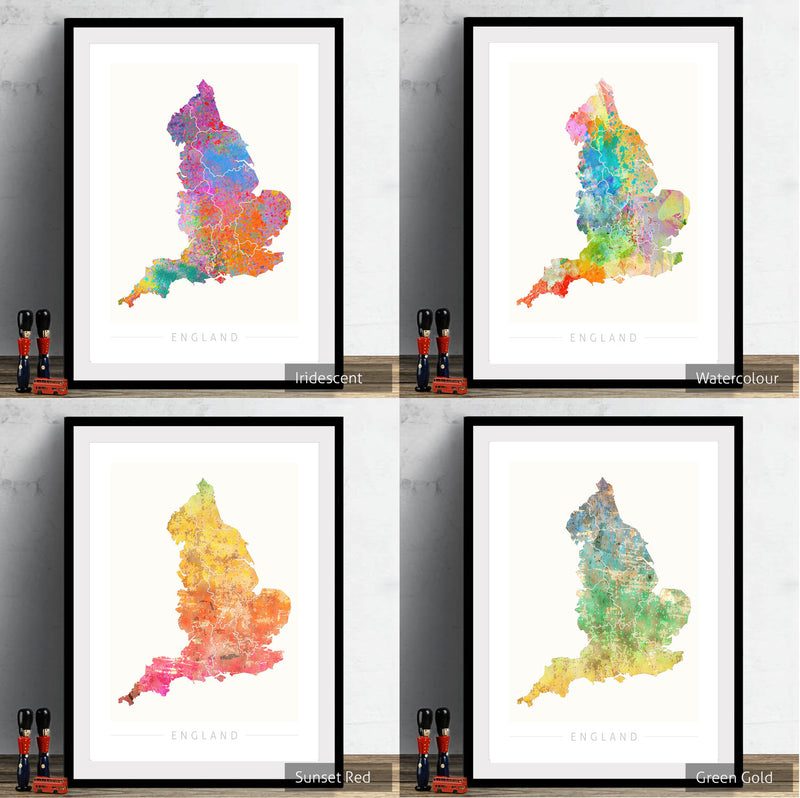 England Map: Country Map of England - Sunset Series Art Print