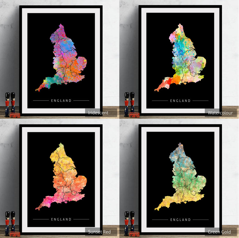 England Map: Country Map of England - Sunset Series Art Print