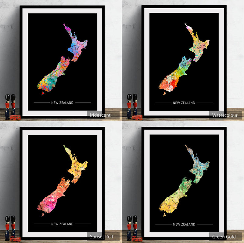New Zealand Map: Country Map of New Zealand - Sunset Series Art Print