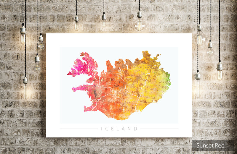 Iceland Map: Country Map of Iceland - Sunset Series Art Print