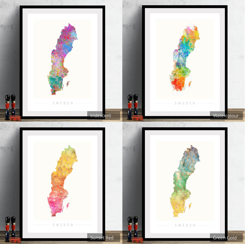 Sweden Map: Country Map of Sweden - Sunset Series Art Print