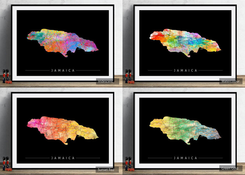 Jamaica Map: Country Map of Jamaica - Sunset Series Art Print