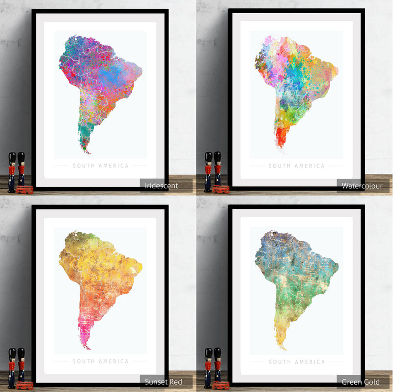 South America Map: Continental Map of South America - Sunset Series Art Print