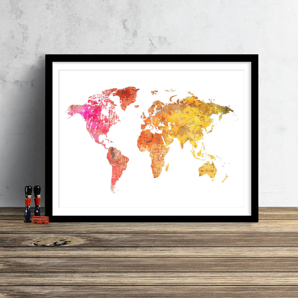 World Map: Watercolor Illustration Wall Art - Sunset Red Theme