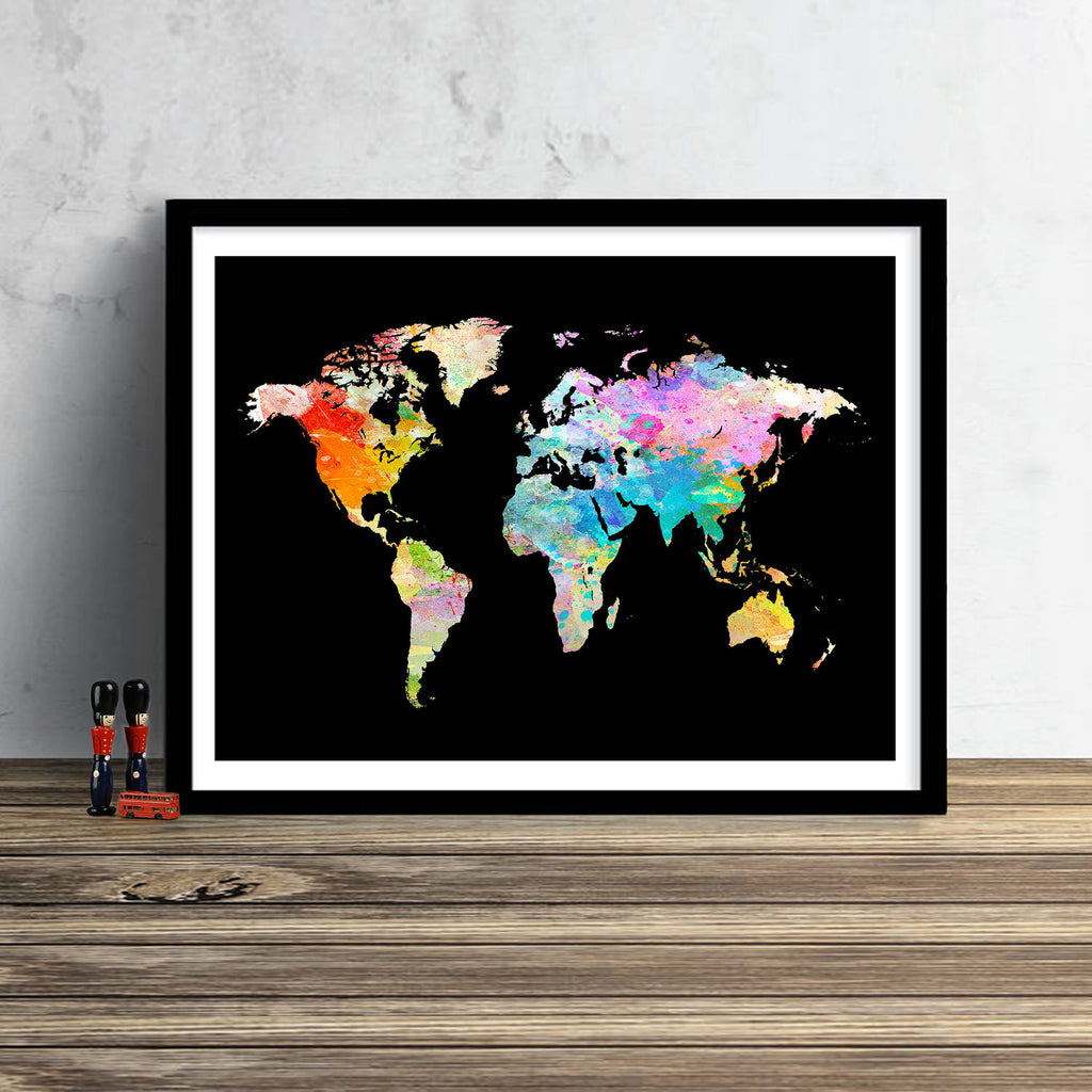 World Map: Watercolor Illustration Wall Art - Watercolour Black