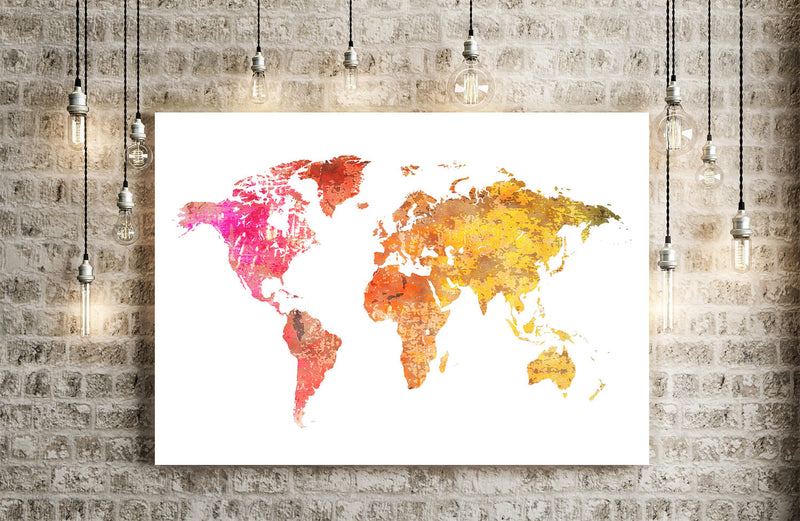World Map: Watercolor Illustration Wall Art - Sunset Red Theme