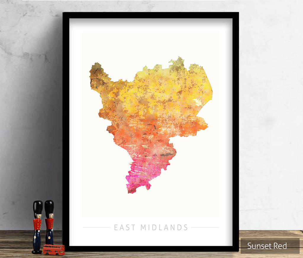 East Midlands Map: County Map of East Midlands - Sunset Series Art Print