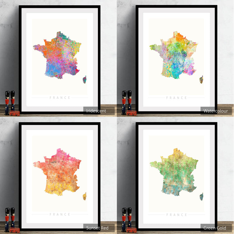 France Map: Country Map of France - Sunset Series Art Print