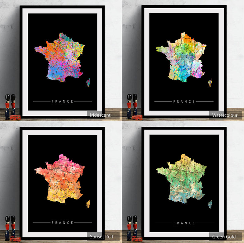 France Map: Country Map of France - Sunset Series Art Print