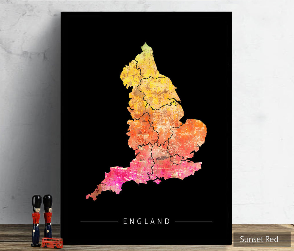 England Map: Country Map of England - Sunset Series Art Print