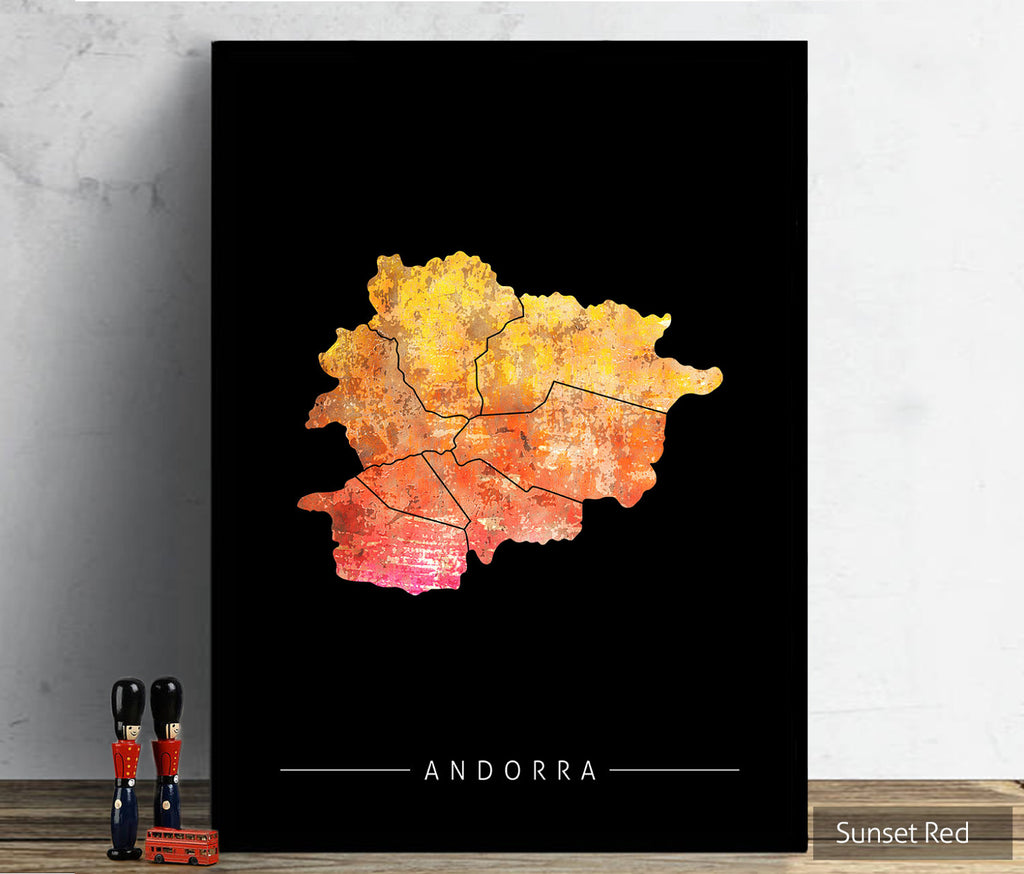 Andorra  Map: Country Map of Andorra - Sunset Series Art Print