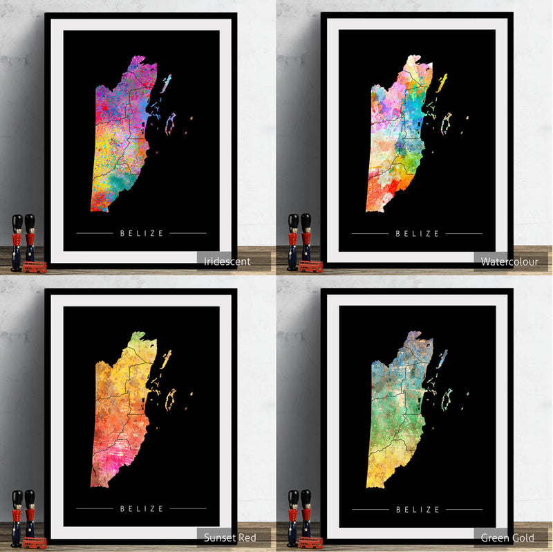 Belize Map: Country Map of Belize - Sunset Series Art Print