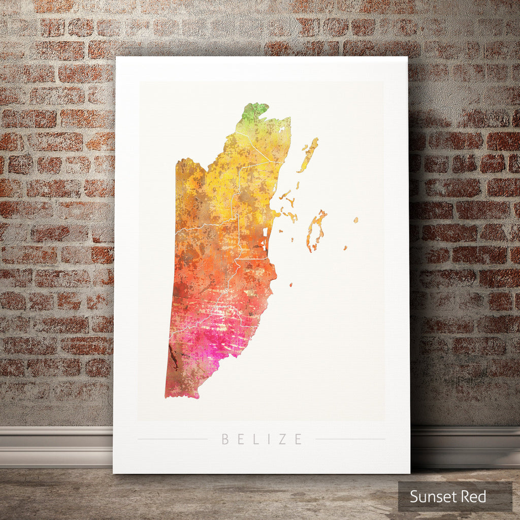 Belize Map: Country Map of Belize - Sunset Series Art Print