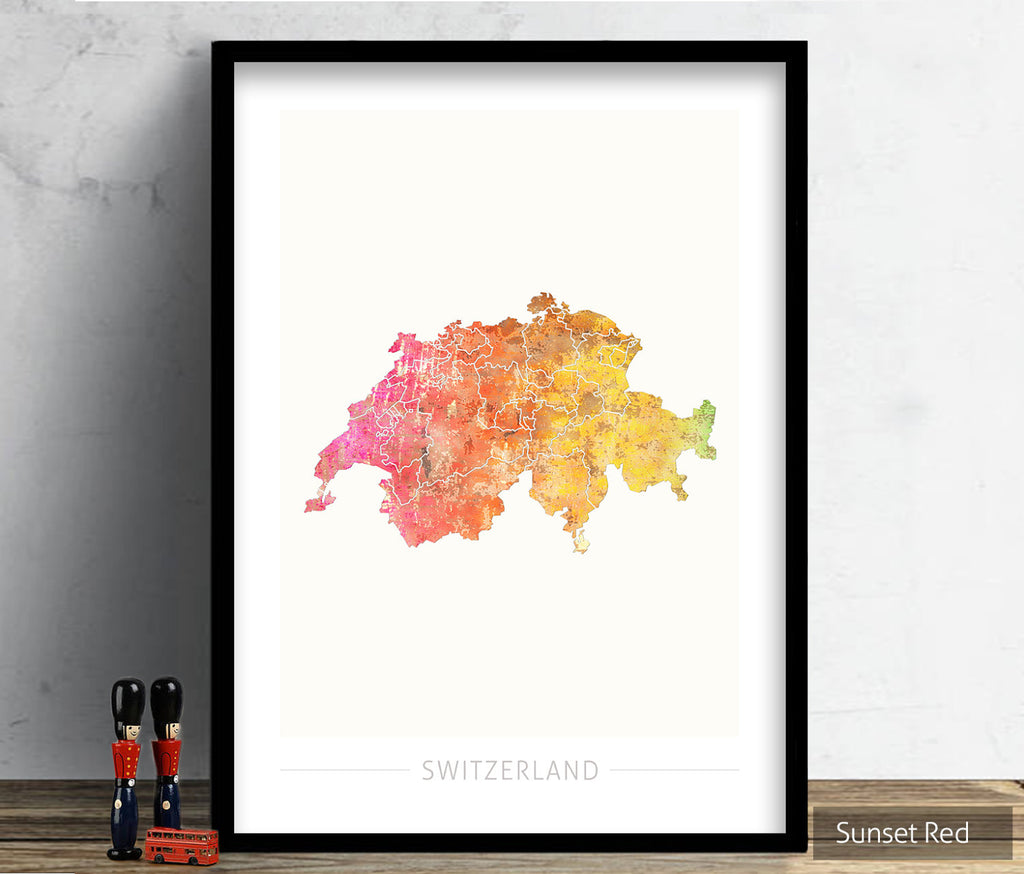 Switzerland Map: Country Map of Switzerland - Sunset Series Art Print