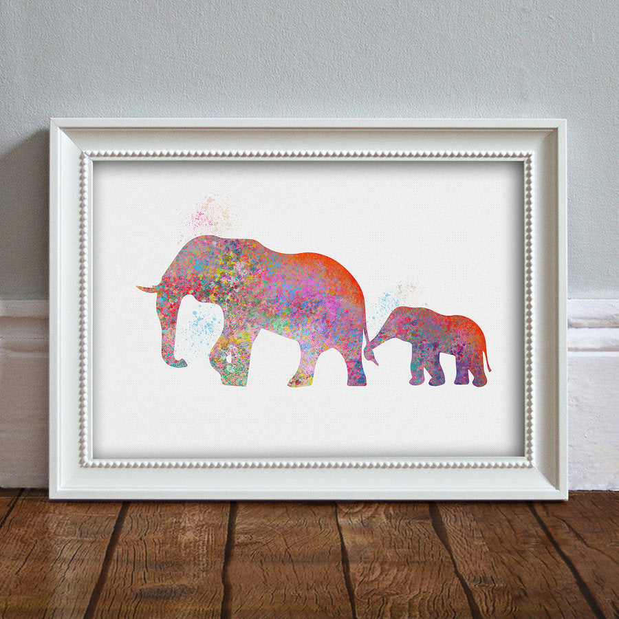 Elephant & Mother: Watercolour Print For Nursery, Home Decor - Spash Art Series