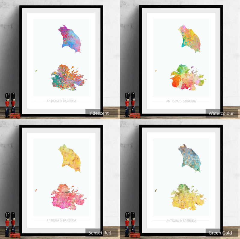 Antigua and Barbuda Map: Country Map - Sunset Series Art Print
