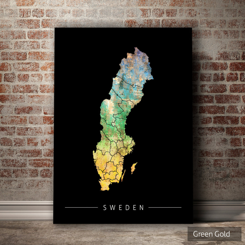 Sweden Map: Country Map of Sweden - Sunset Series Art Print