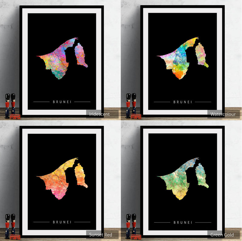 Brunei Map: Country Map of Brunei - Sunset Series Art Print