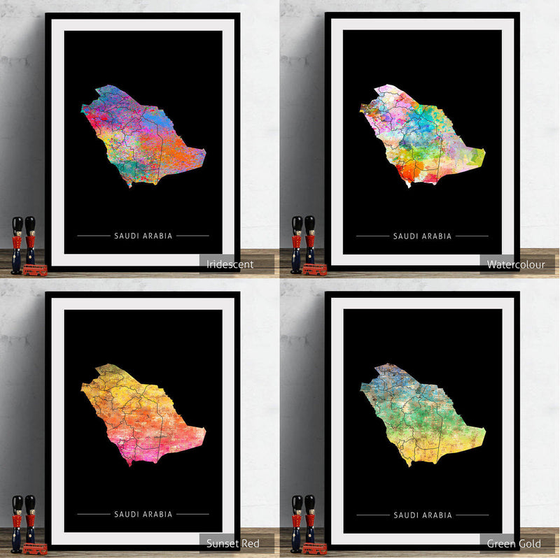 Saudi Arabia Map: Country Map of Saudi Arabia - Sunset Series Art Print