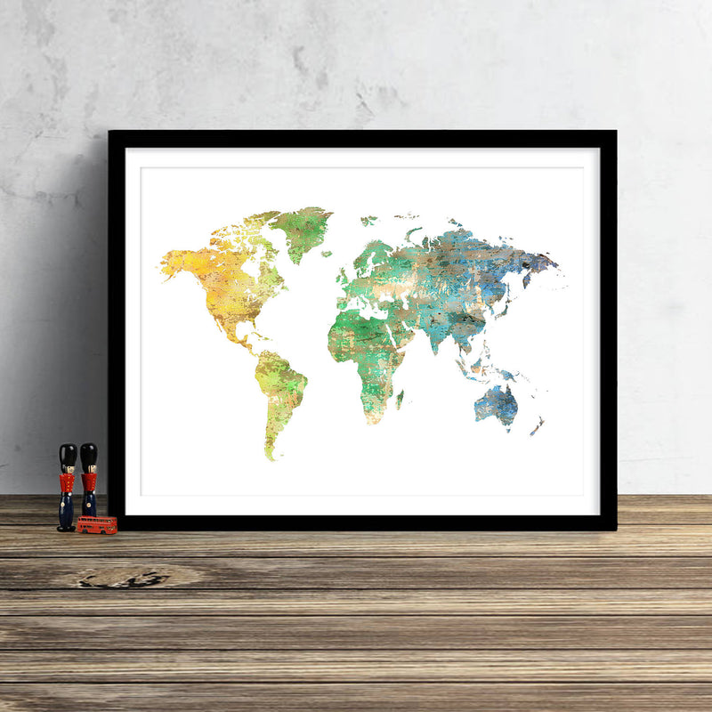 World Map: Watercolor Illustration Wall Art - Green Gold Theme