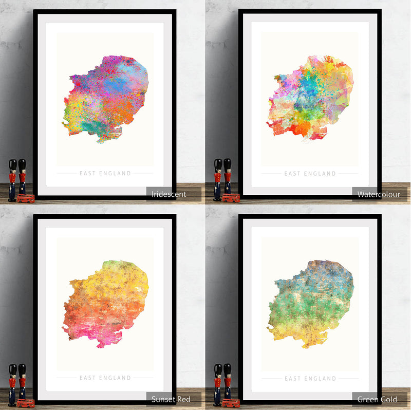 East England Map: County Map of East England - Sunset Series Art Print