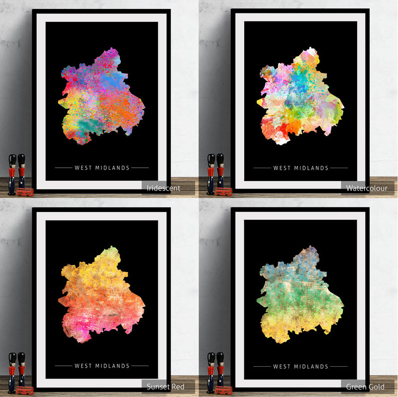 West Midlands Map: County Map of West Midlands, England - Sunset Series Art Print