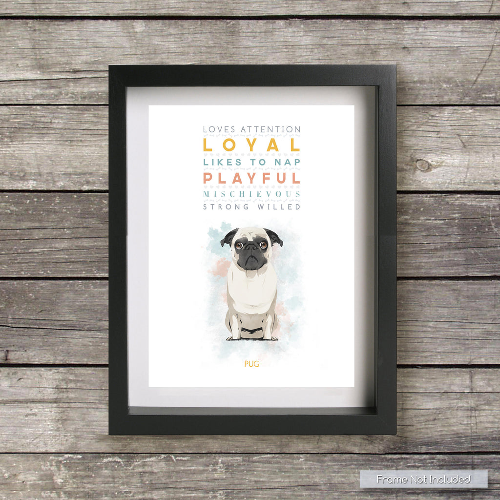 PUG DOG: Trait Print - Breed Personality Poster Dog Print - for Pet Lovers Archival Watercolour Art PRINT