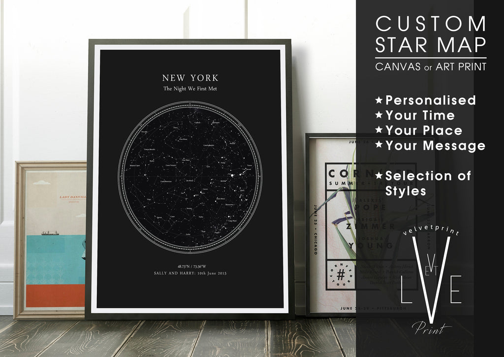 Personalised Star Map Print, Night Sky Print, Star Chart Poster or Canvas - Anniversary Gift - DEEP BLACK CIRCULAR