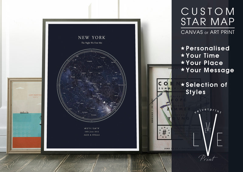 Custom Star Map Print, Night Sky Print, Star Chart Poster or Canvas - Anniversary Gift - HDR BLUE CIRCULAR