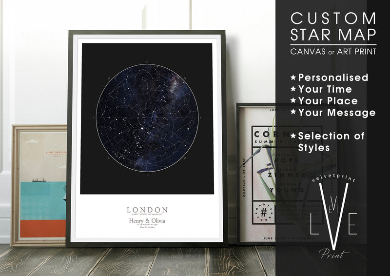 Personalised Star Map Print, Night Sky Print, Star Chart Poster or Canvas - Anniversary Gift - HDR BLACK SQUARE