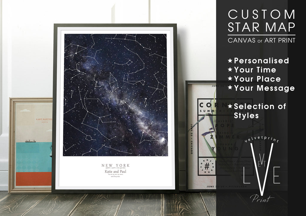 Custom Star Map Print, Night Sky Print, Star Chart Poster or Canvas - Anniversary Gift - DEEP HDR SQUARE