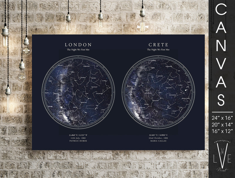 Personalised DOUBLE Star Map Print, Night Sky Print, Star Chart Poster or Canvas - Anniversary Gift for Men, Gift for Women - HDR Blue Circle