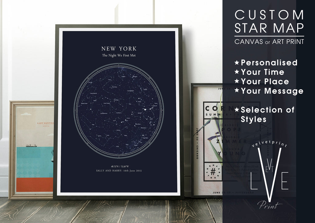 Custom Star Map Print, Night Sky Print, Star Chart Poster or Canvas - Anniversary Gift - DEEP BLUE CIRCULAR