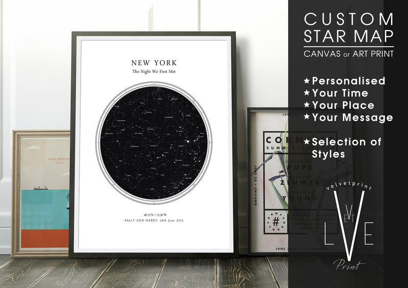 Custom Star Map Print, Night Sky Print, Star Chart Poster or Canvas - Anniversary Gift - WHITE CIRCULAR