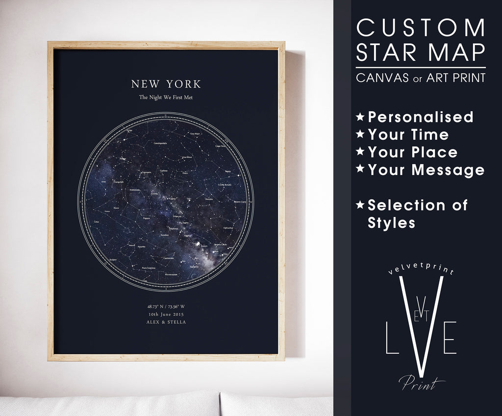 Personalised Star Map Print, Night Sky Print, Star Chart Poster or Canvas - Anniversary Gift - HDR BLUE CIRCULAR