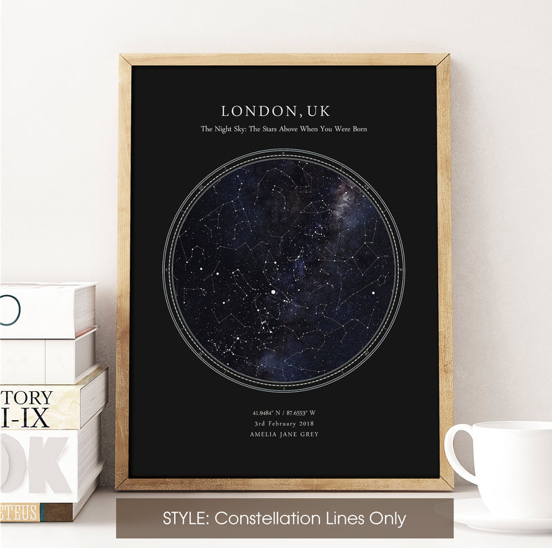 Personalised Star Map Print, Night Sky Print, Star Chart Poster or Canvas - Anniversary Gift - HDR BLACK CIRCULAR
